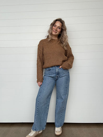 Crewneck chunky knit sweater metallic detail z supply brown