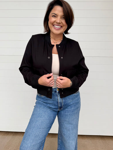 Elan bomber button front cropped jacket black