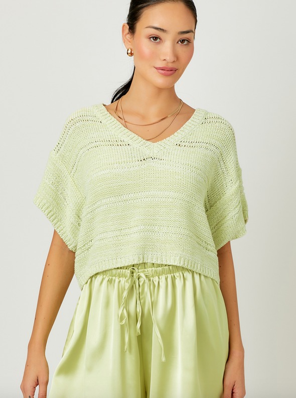 mystree melange relaxed fit short sleeve v-neck pullover cropped sweater pistachio green