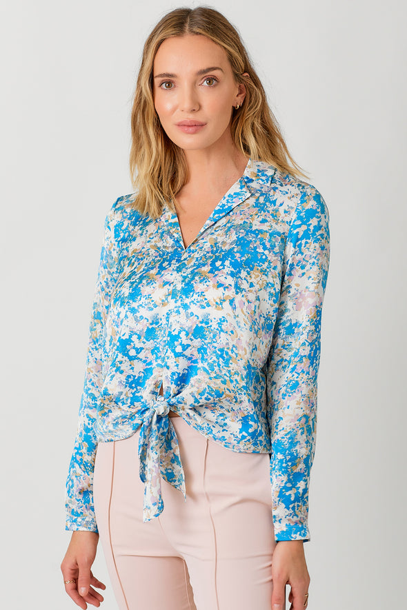 mystree tie front printed floral collared blouse blue