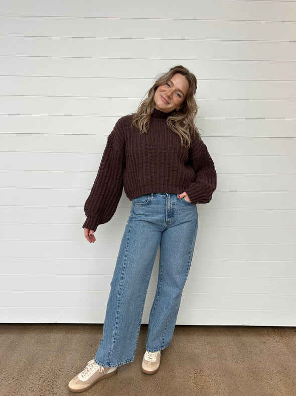 Brown chunky mock neck cropped sweater