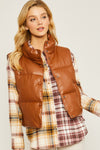 faux leather puffer vest zipper front side pockets