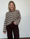 Long sleeve striped sweater relaxed fit brown olive cream