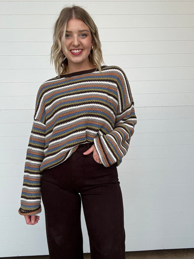 Long sleeve striped sweater relaxed fit brown olive cream