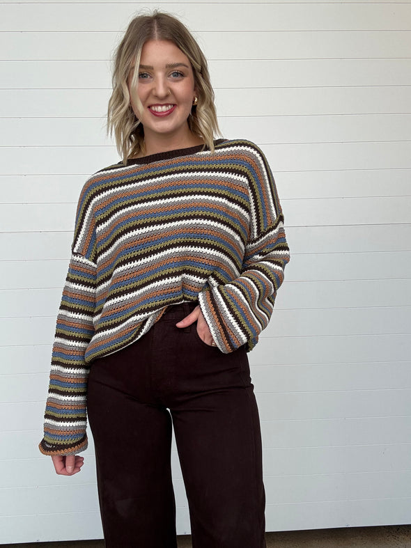 Long sleeve striped sweater relaxed fit brown olive cream