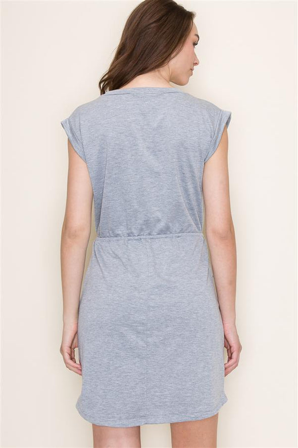 heather grey staccato round neck cap sleeve drawstring waist side pocket knit casual mini dress