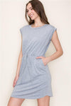 heather grey staccato round neck cap sleeve drawstring waist side pocket knit casual mini dress