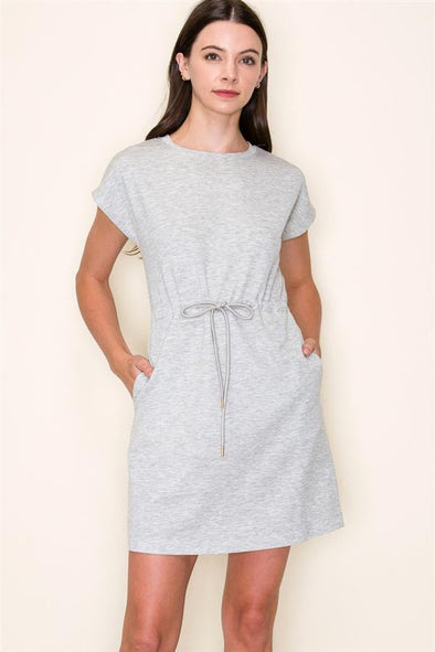 staccato scuba knit dress short sleeve crewneck adjustable drawstring waist mini knit athleisure
