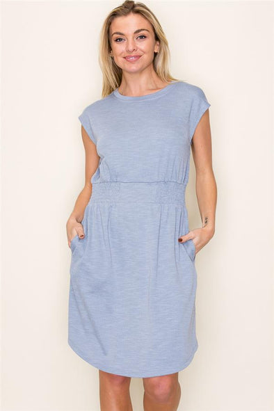 staccato latoya ribbed knit smocked waist dress cap sleeves crewneck light blue above the knee length