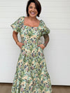 entro floral print short bubble sleeve tiered bow back midi dress olive