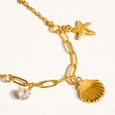 charm necklace 18k gold non tarnish seashell starfish rhinestone charm