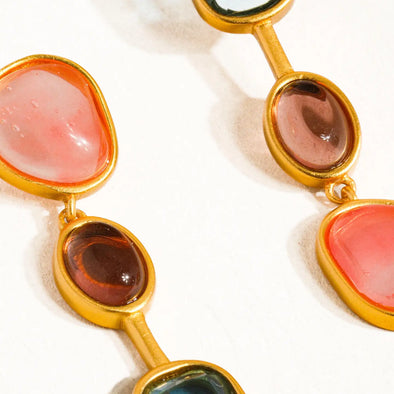 18k gold vintage mismatch drop earrings multi color stone pendant