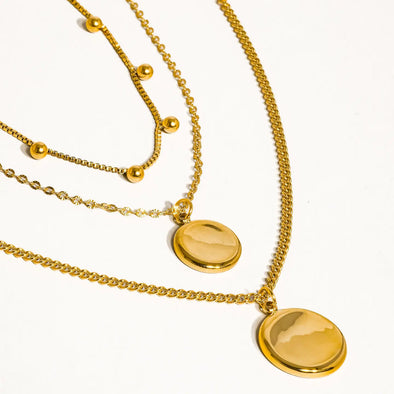 three layered coin pendant non tarnish gold necklace