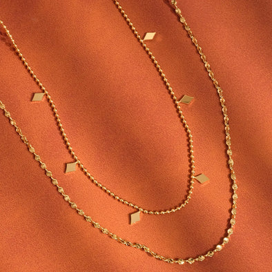 18k gold non-tarnish two layered necklace station tassel chain