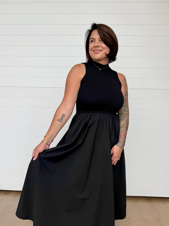 The Vivian Mixed Fabric Midi Dress