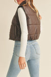 cropped faux leather puffer vest zipper front 