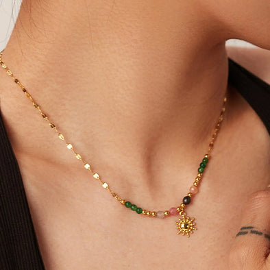dainty beaded sun pendant necklace 18k gold plated