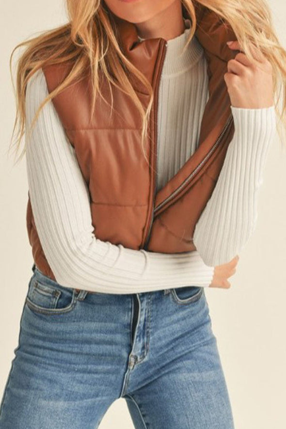 cropped faux leather puffer vest zipper front 