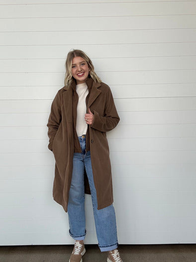 Padded bib zipper front longline brown coat