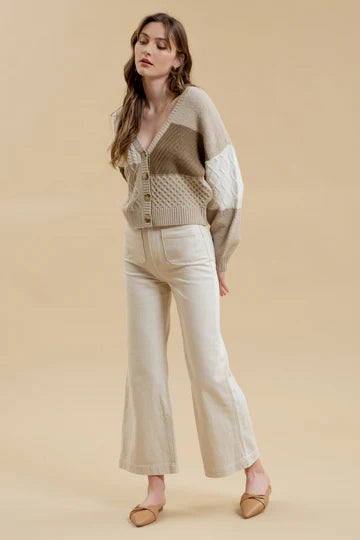 TAUPE CREAM TAN blu pepper patchwork cable knit button front cardigan long sleeve cropped fit