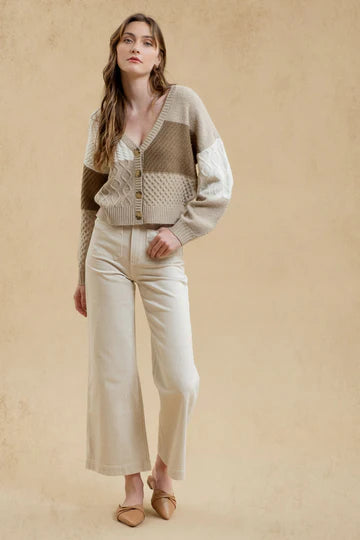 TAUPE CREAM TAN blu pepper patchwork cable knit button front cardigan long sleeve cropped fit