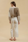 TAUPE CREAM TAN blu pepper patchwork cable knit button front cardigan long sleeve cropped fit