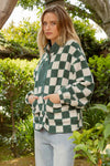 HUNTER GREEN collared snap button down elastic cuff long sleeve checkered fleece jacket blu pepper