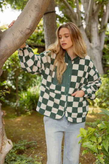 HUNTER GREEN collared snap button down elastic cuff long sleeve checkered fleece jacket blu pepper