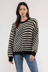 BLACK blu pepper mixed stripe checkered sweater crew neckline relaxed fit long sleeve cozy