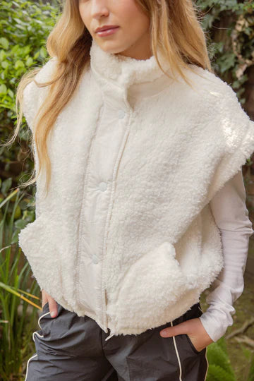 CREAM blu pepper button down faux shearling sherpa vest cream relaxed fit drawstring hem