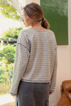 MOCHA blu pepper stripe split neck long sleeve marled top relaxed fit dropped shoulder