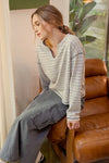 MOCHA blu pepper stripe split neck long sleeve marled top relaxed fit dropped shoulder