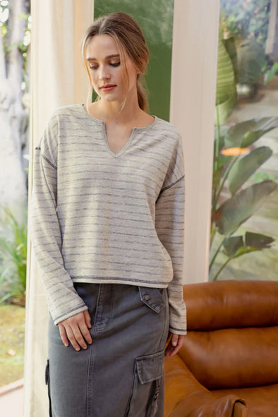  MOCHA blu pepper stripe split neck long sleeve marled top relaxed fit dropped shoulder