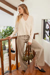 exposed seam split v-neck lightweight basic sweater oatmeal