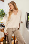 exposed seam split v-neck lightweight basic sweater oatmeal