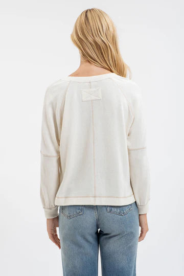 oatmeal split neck long sleeve relaxed fit ribbed knit top