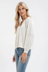 oatmeal split neck long sleeve relaxed fit ribbed knit top