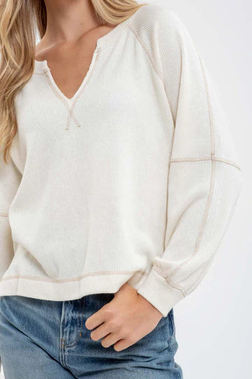 oatmeal split neck long sleeve relaxed fit ribbed knit top