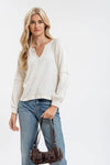 oatmeal split neck long sleeve relaxed fit ribbed knit top