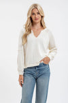 oatmeal split neck long sleeve relaxed fit ribbed knit top