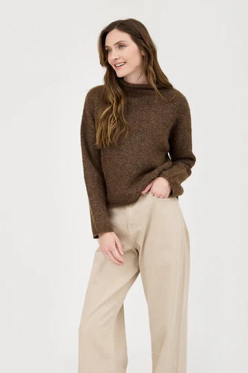 brown mock neck long sleeve cozy knit sweater relaxed crop fit blu pepper