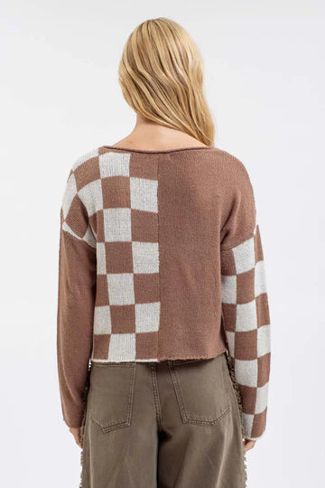 MOCHA blu pepper rolled edge crew neckline colorblocked checker print cropped sweater