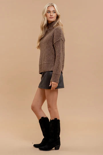 MOCHA blu pepper wool blend turtle neck long sleeve exposed seam ribbed detail pullover sweater