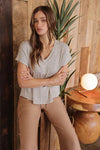 taupe v-neck short sleeve sweater top relaxed fit