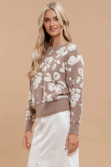 TAUPE cream blu pepper floral distressed crewneck terry detail ribbed sweater