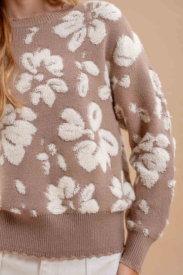 TAUPE cream blu pepper floral distressed crewneck terry detail ribbed sweater