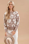 TAUPE cream blu pepper floral distressed crewneck terry detail ribbed sweater