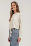 oatmeal blu pepper crewneck long sleeve chest pocket cropped ribbed knit top