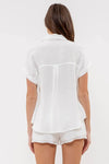 blu pepper collared crinkled short sleeve cuffed button up shirt lightweight summer basic top white