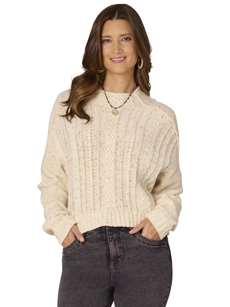 democracy clothing light cream mock neck exposed seam textured knit sweater sweater